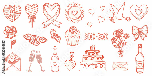 Collection of hand drawn valentine s day themed doodles in red hues