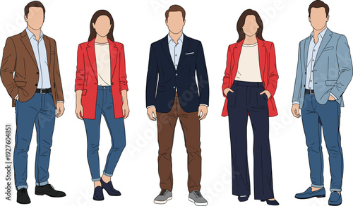 Modern smart casual business outfits for men and women, colorful flat vector fashion illustration, blazer trousers jeans professional diverse lineup