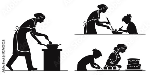 A series of illustrations depicting various household chores and activities. Vector