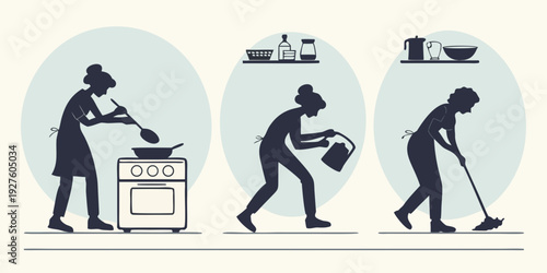 A person's journey from home to work on a ship, carrying a heavy load. Vector
