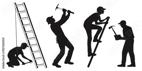 Four workers engaged in various construction activities on a building site. Vector