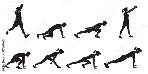 A sequence of illustrations depicting a person performing various exercises and stretches Vector