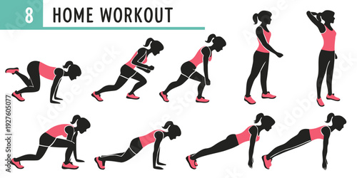 Illustrations of people performing various home workout exercises Vector