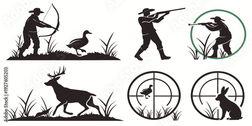 Ancient hunting practices depicted in a variety of artistic styles and techniques. Vector