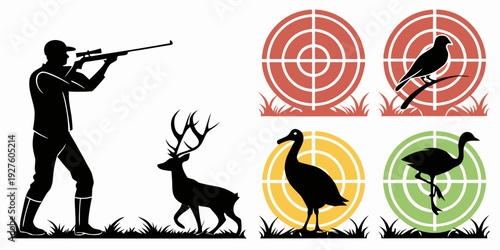 Hunter with bow and arrow aiming at a deer with colorful targets in the background Vector