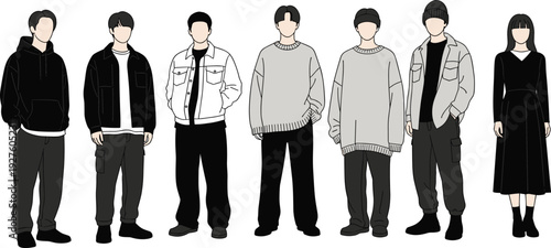 Modern Streetwear Youth Group Avatars, Diverse Young Men and Women in Oversized Hoodies Jackets Sweaters Standing Together in Monochrome