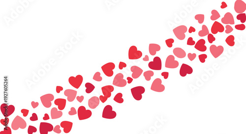 Diagonal red heart confetti border vector background for romantic Valentine design, wedding decoration, and love themed projects