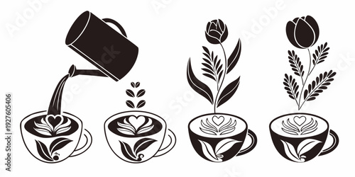 A black and white illustration of a watering can pouring water onto four small flower pots. Vector