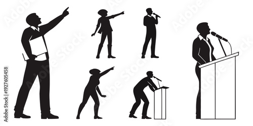 Various individuals demonstrating different forms of public speaking and presentation techniques Vector