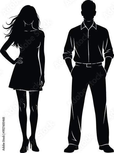 Elegant couple silhouette, woman in short dress and man in shirt pants, confident poses, black vector fashion illustration, romantic date night style