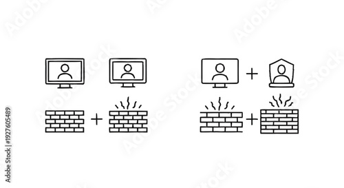 Computer Screen Icons Representing Network Security and Firewalls.