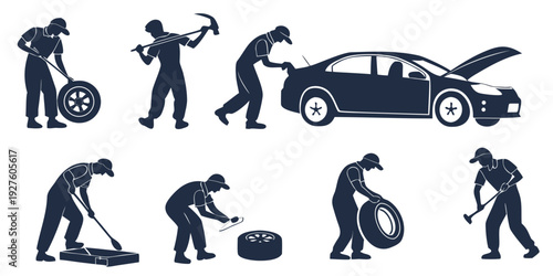 Illustration of various activities related to car maintenance and breakdowns Vector