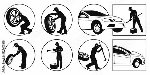 Illustrations of various activities and objects related to car maintenance and safety Vector