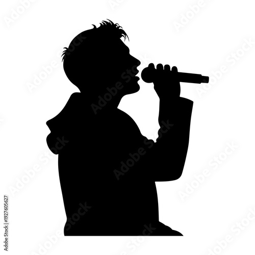 Silhouette of a person singing into a microphone.