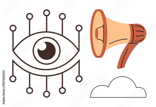Surveillance, communication, digital connectivity, information sharing, cloud technology, media outreach. An eye linked to nodes beside a megaphone and cloud outline. Surveillance and communication