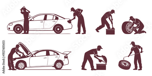 A variety of people working on different types of vehicles including cars and motorcycles. Vector