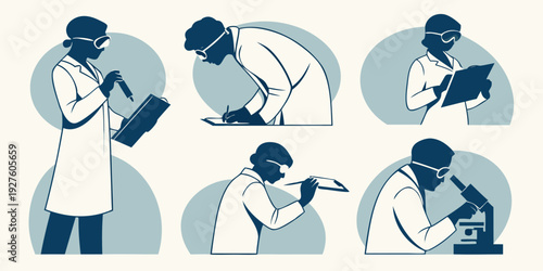 Six people looking at their smartphones in different settings and poses Vector