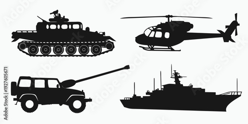 Military vehicles and aircraft in black and white silhouettes Vector