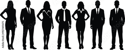 Powerful Business Team Silhouettes, Diverse Men and Women Executives in Suits Standing Confidently with Hands on Hips