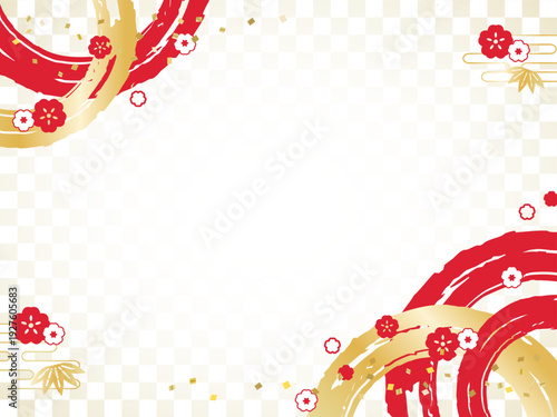 和風の金色と赤の背景、上品な花と紙吹雪