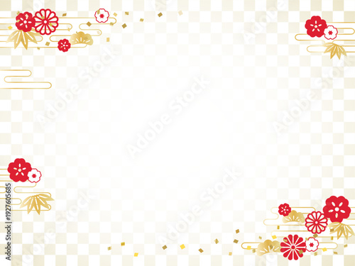 和風の金色と赤の背景、上品な花と紙吹雪
