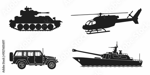 Military vehicles in black and white including a tank, helicopter, limousine, and boat Vector