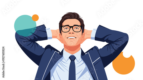 Successful young businessman wearing glasses and a suit relaxing with his hands behind his head looking happy and content.