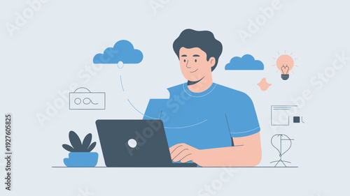 A man sitting at a desk with a laptop and thinking of ideas
