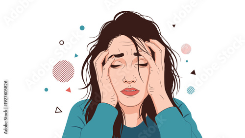 Distressed woman holding her head with both hands looking overwhelmed and in pain against a background of abstract shapes.