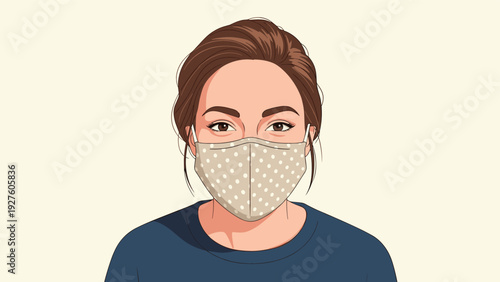Frontal portrait of a young woman with brown hair wearing a protective cloth face mask with a stylish white polka dot pattern.