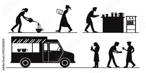 Illustrations of people working in a food production and delivery process Vector