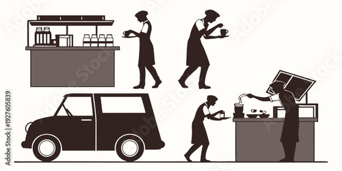 A group of people engaged in various activities around a car and a building Vector