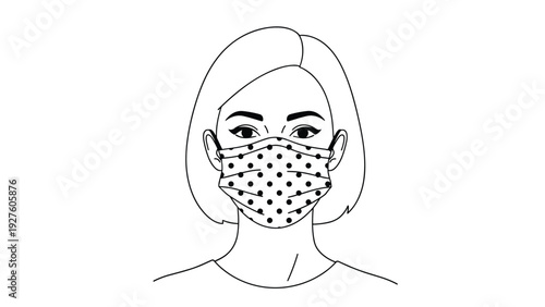 Beautiful woman wearing a stylish black and white polka dot cloth face mask for protection against air pollution and germs in a drawing.