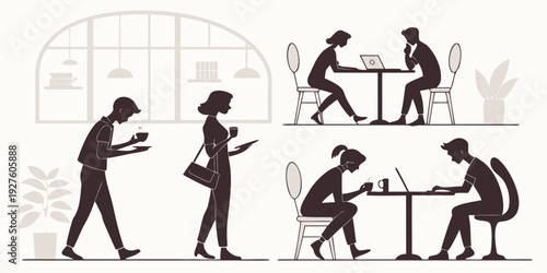 A diverse group of people engaging in various activities in a modern office space. Vector