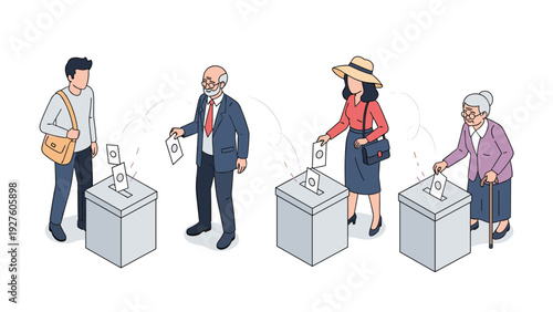 Diverse group of people including a young man and seniors casting their paper ballots into voting boxes at a national polling station.