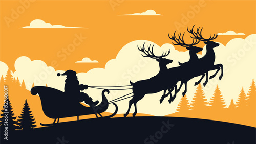 Silhouette of Santa Claus riding his sleigh through a winter landscape over pine trees against a warm sunset sky background on hills.