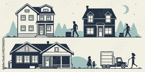 A charming collection of diverse homes showcasing various architectural styles and designs Vector