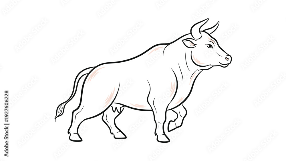Fototapeta premium Simple black and white line drawing of a powerful bull walking forward with its head turned slightly to the side on white background.