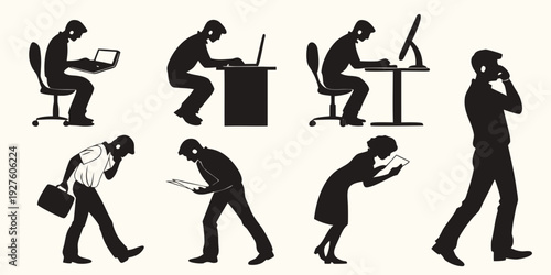 A series of black and white illustrations depicting various exercises and stretches. Vector