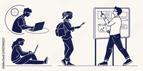 Diverse group of people engaged in various activities and hobbies. Vector