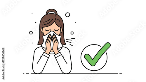 Woman blowing her nose into a tissue correctly to prevent the spread of germs as indicated by a large green checkmark icon.