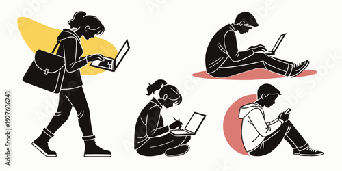Four people reading books in different positions and environments Vector