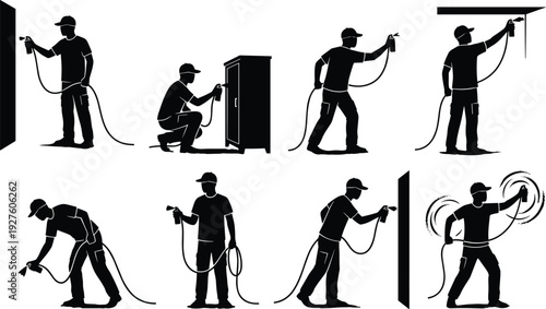 Professional spray painter worker silhouettes, industrial painting process, home renovation service, wall cabinet coating, construction maintenance vector illustration set