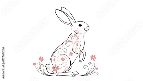 Standing rabbit silhouette decorated with delicate pink floral patterns and swirls among small flowers on a white background.
