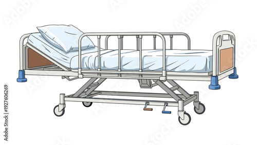 Adjustable medical hospital bed with wheels and safety rails equipped with a white pillow and sheet in a sterile setting.