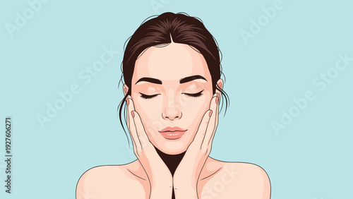 Close up portrait of a beautiful woman with her eyes closed gently touching her face with both hands against a light blue background.