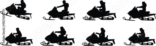 Snowmobile rider silhouettes set with winter sport action poses isolated on white background extreme outdoor activity vector illustration collection for design