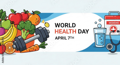 World health day illustration with fruits vegetables dumbbell and medical symbols on blue background
