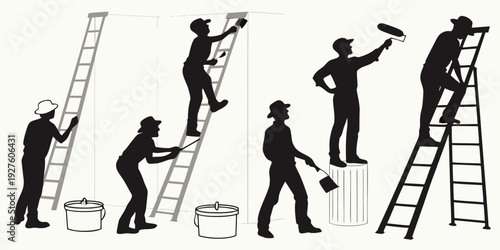 A group of people working together to paint a wall with ladders and buckets Vector