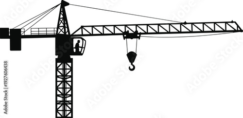 Tower crane silhouette with hook and operator cabin, heavy construction equipment for lifting materials, industrial building site concept isolated on white background